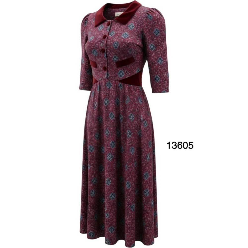VTG Kathie Lee Collection Midi Dress Women 10 Burgundy Cabincore Trim Paisley